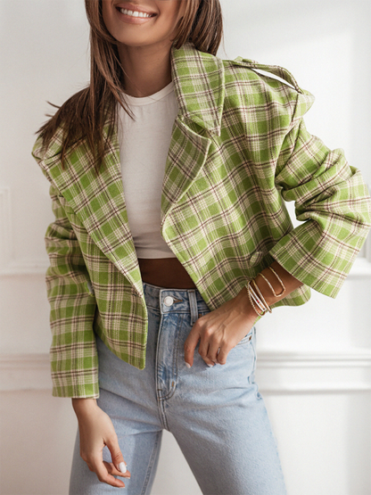 Crop Jackets- Plaid Crop Boxy Jacket with Notch Lapel for Women- Green- Pekosa Women Fashion