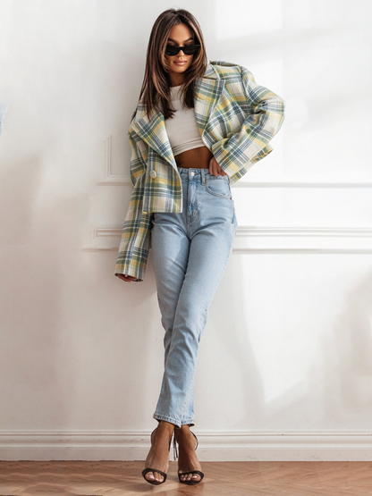 Crop Jackets- Plaid Crop Boxy Jacket with Notch Lapel for Women- - Pekosa Women Fashion