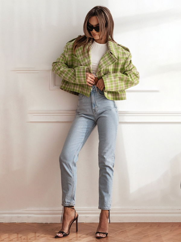 Crop Jackets- Plaid Crop Boxy Jacket with Notch Lapel for Women- - Pekosa Women Fashion