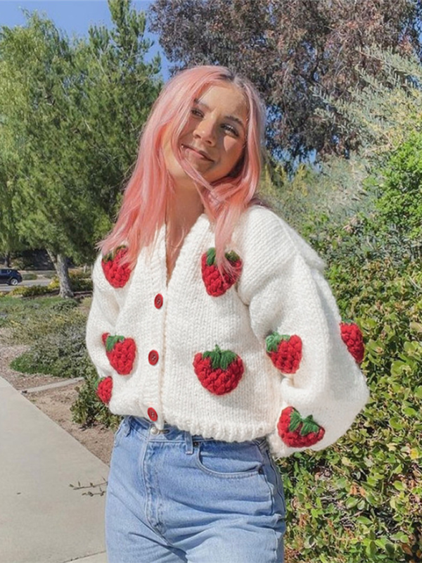 Crop Sweaters- Strawberry Appliqué Cardigan- - Pekosa Women Fashion