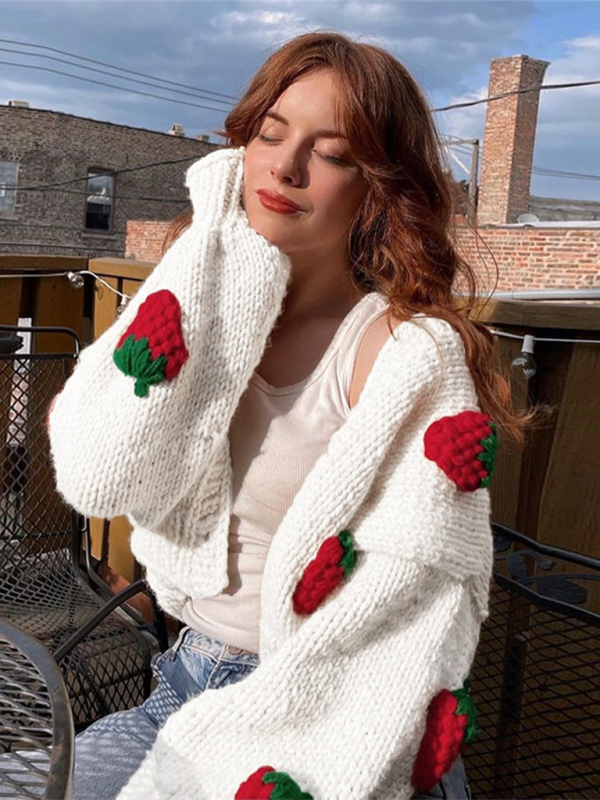 Crop Sweaters- Strawberry Appliqué Cardigan- - Pekosa Women Fashion