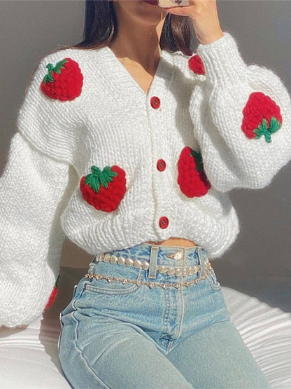 Crop Sweaters- Strawberry Appliqué Cardigan- - Pekosa Women Fashion