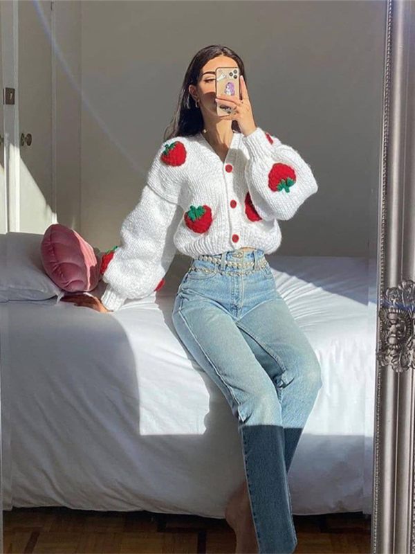 Crop Sweaters- Strawberry Appliqué Cardigan- - Pekosa Women Fashion