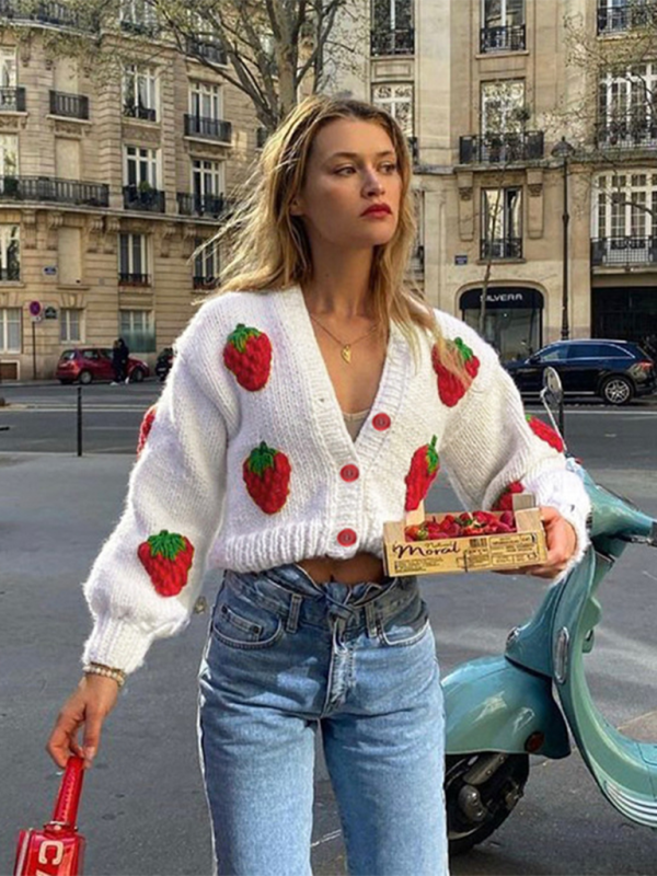 Crop Sweaters- Strawberry Appliqué Cardigan- - Pekosa Women Fashion