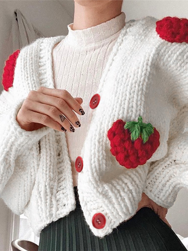 Crop Sweaters- Strawberry Appliqué Cardigan- White- Pekosa Women Fashion