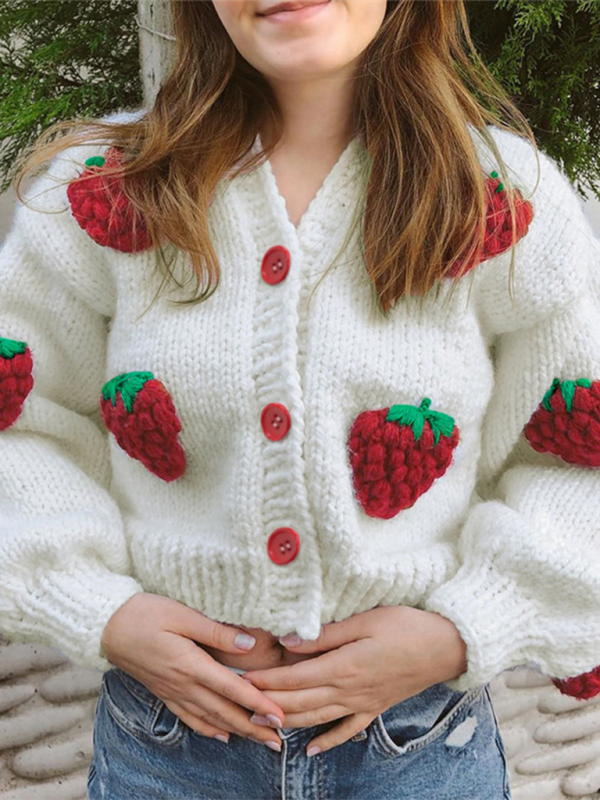 Crop Sweaters- Strawberry Appliqué Cardigan- - Pekosa Women Fashion