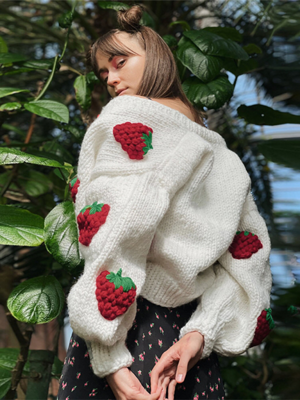 Crop Sweaters- Strawberry Appliqué Cardigan- - Pekosa Women Fashion