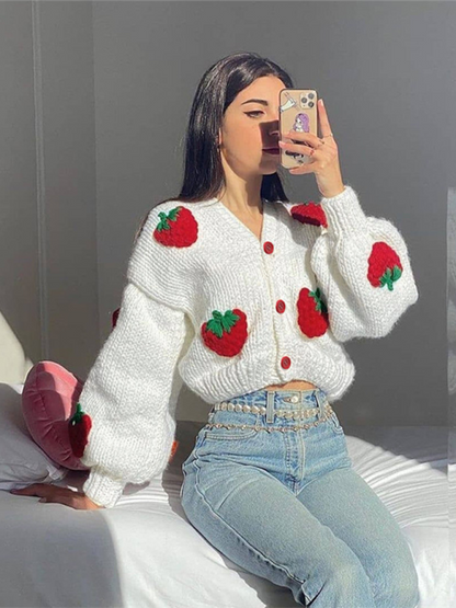 Crop Sweaters- Strawberry Appliqué Cardigan- - Pekosa Women Fashion