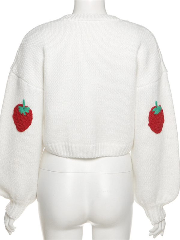 Crop Sweaters- Strawberry Appliqué Cardigan- - Pekosa Women Fashion