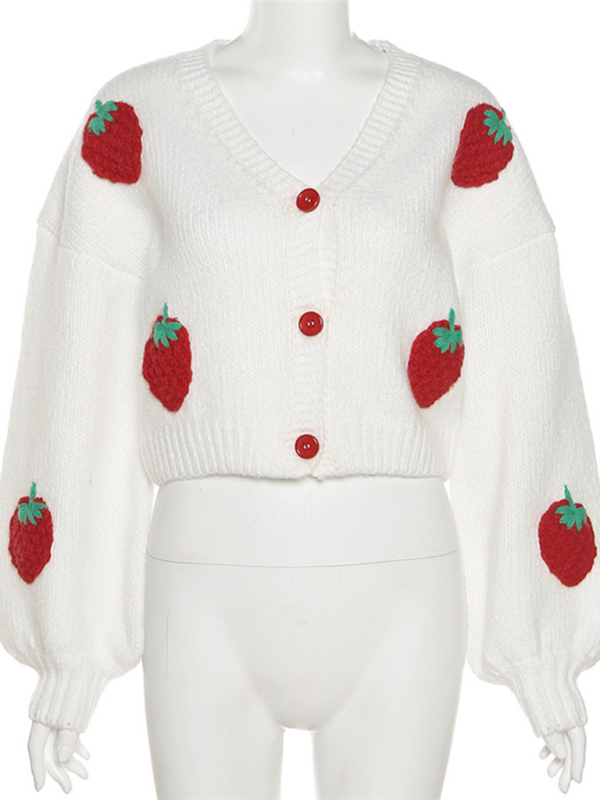 Crop Sweaters- Strawberry Appliqué Cardigan- - Pekosa Women Fashion