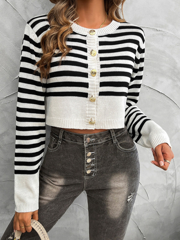 Crop Sweaters - Striped Button-Up Cardi Crop Sweater