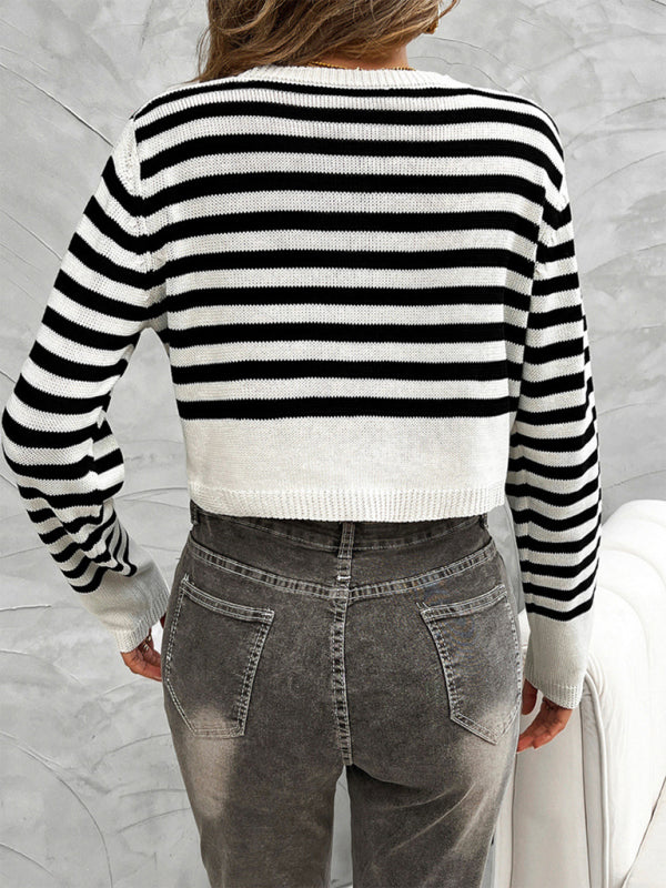 Crop Sweaters - Striped Button-Up Cardi Crop Sweater