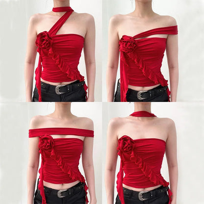 Crop Tops - Choker Red Asymmetrical Ruffle Top