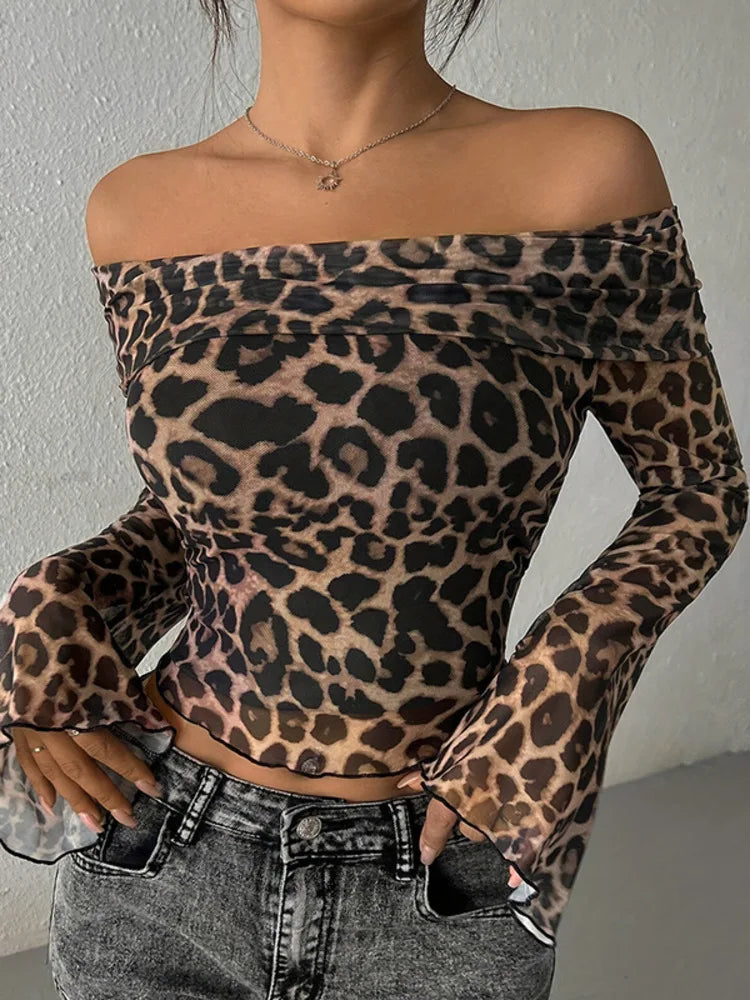 Crop Tops - Leopard Print Bardot Crop Top