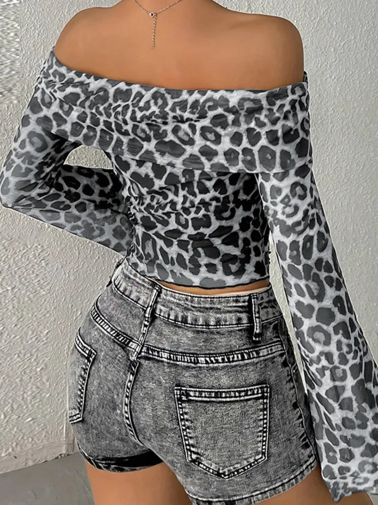 Crop Tops - Leopard Print Bardot Crop Top