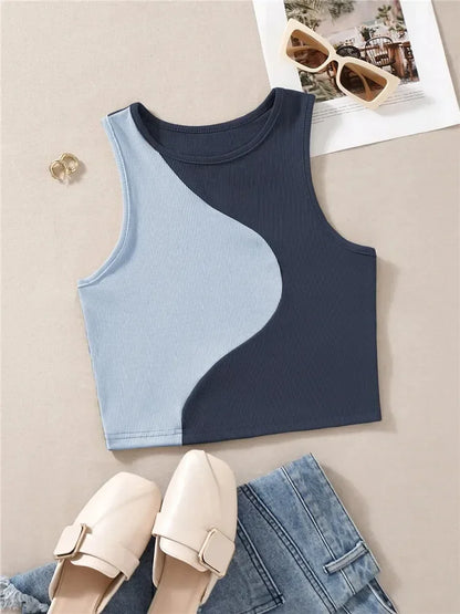 Crop Tops - Patchwork Rib Knit Sleeveless Crop Top - Tank Top Tee