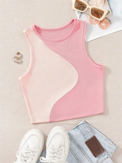 Crop Tops - Patchwork Rib Knit Sleeveless Crop Top - Tank Top Tee