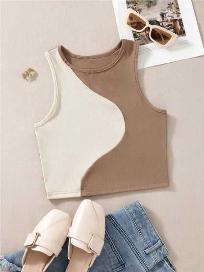 Crop Tops - Patchwork Rib Knit Sleeveless Crop Top - Tank Top Tee