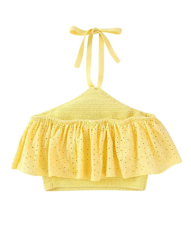 Crop Tops- Romantic Halter Knitting Crop - Women's Embroidered Eyelet Top- Yellow- Chuzko Women Clothing