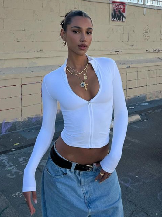 Crop Tops- Sporty White Zip-Up Crop Top T-Shirt for Active Days- White- Pekosa Women Fashion