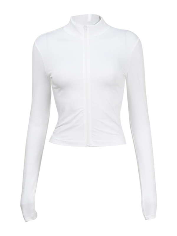 Crop Tops- Sporty White Zip-Up Crop Top T-Shirt for Active Days- - Pekosa Women Fashion