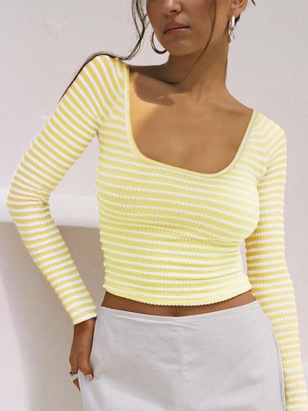 Crop Tops - Striped Crop Top Long Sleeve Knit Tee