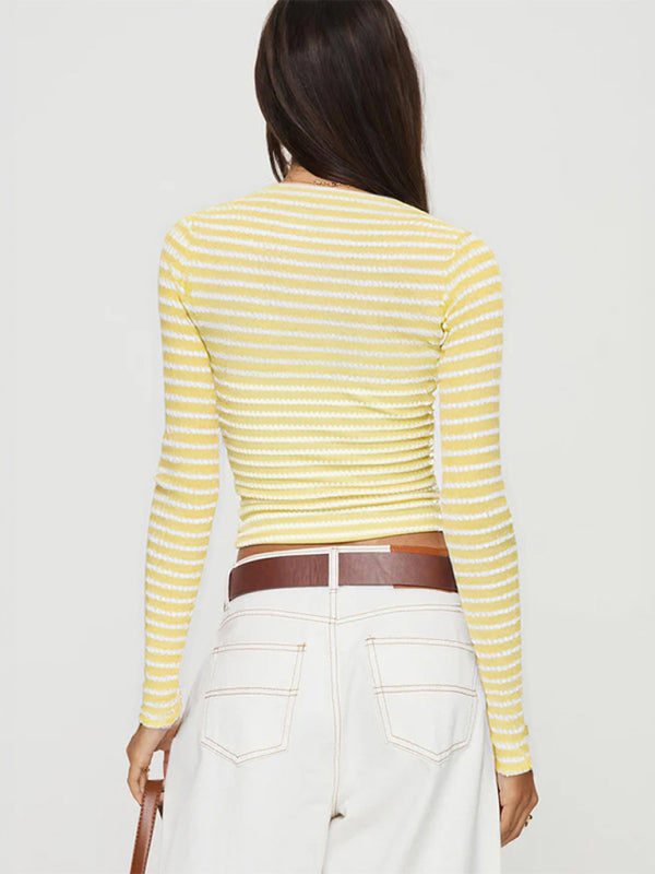 Crop Tops - Striped Crop Top Long Sleeve Knit Tee