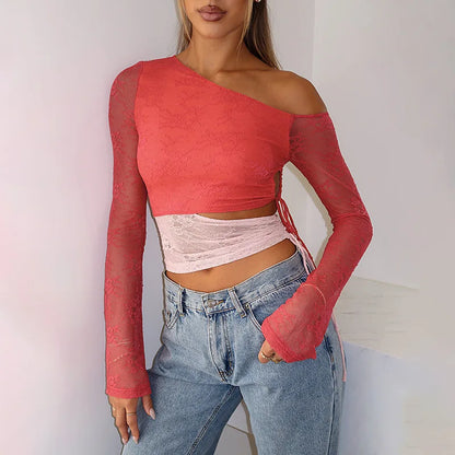 Crop Tops- Women One-Shoulder Cutout Top with Mesh Sleeves- - Pekosa Women Fashion