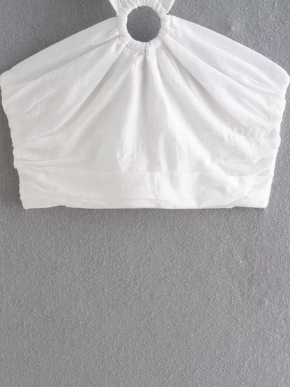 Crop Tops- Women White Cropped Halter Top with Ring Detail- - Pekosa Women Fashion