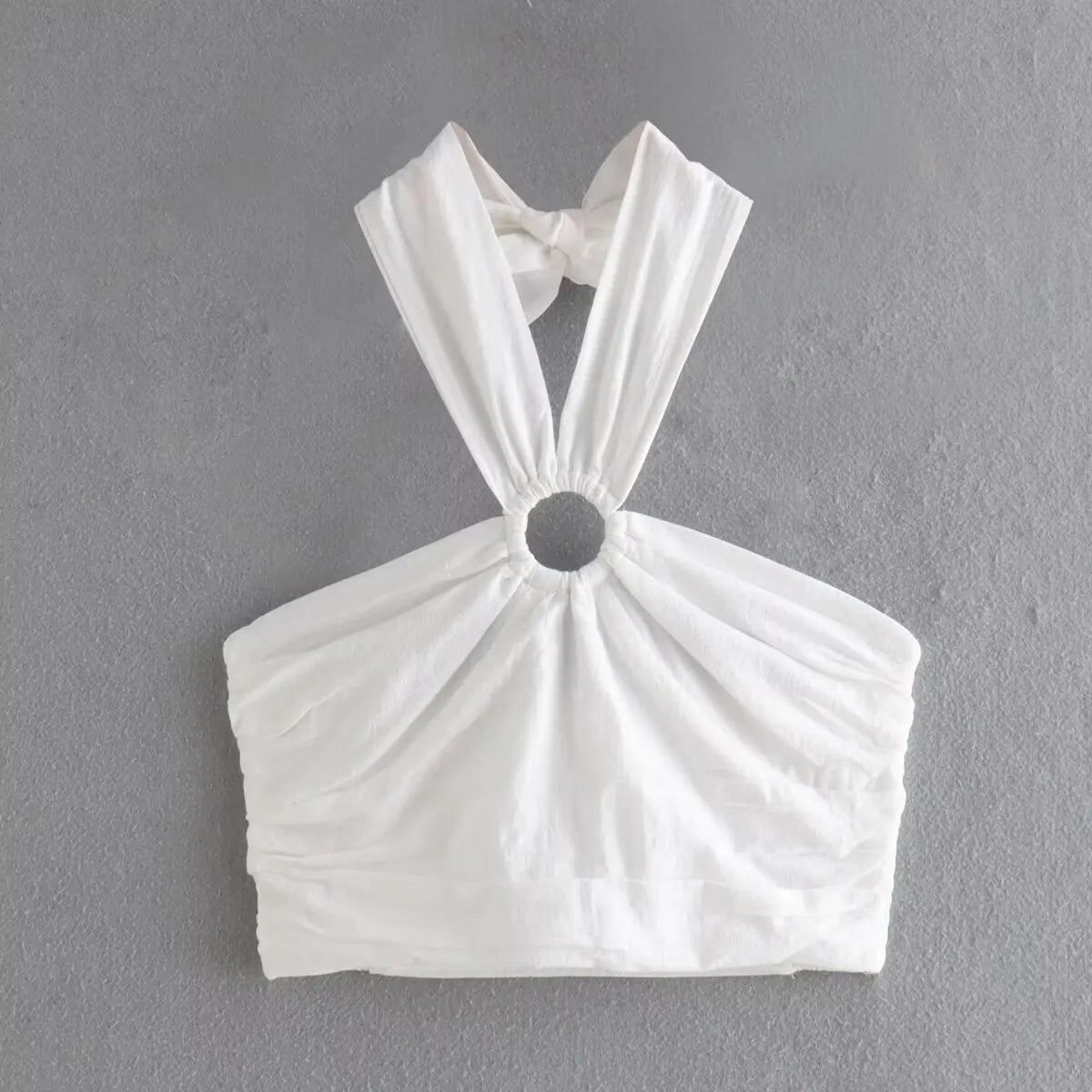 Crop Tops- Women White Cropped Halter Top with Ring Detail- - Pekosa Women Fashion