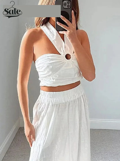 Crop Tops- Women White Cropped Halter Top with Ring Detail- - Pekosa Women Fashion