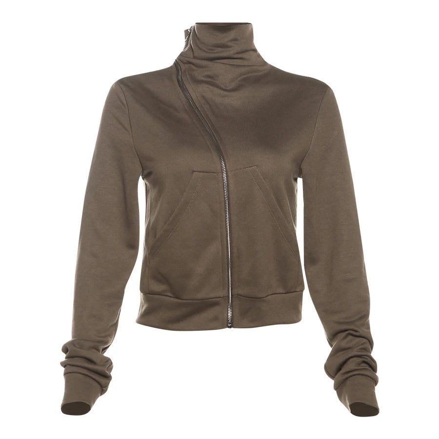 Cropped Jackets - High Collar Asymmetrical Zip Jacket for Women