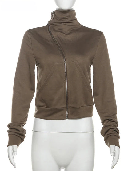 Cropped Jackets - High Collar Asymmetrical Zip Jacket for Women