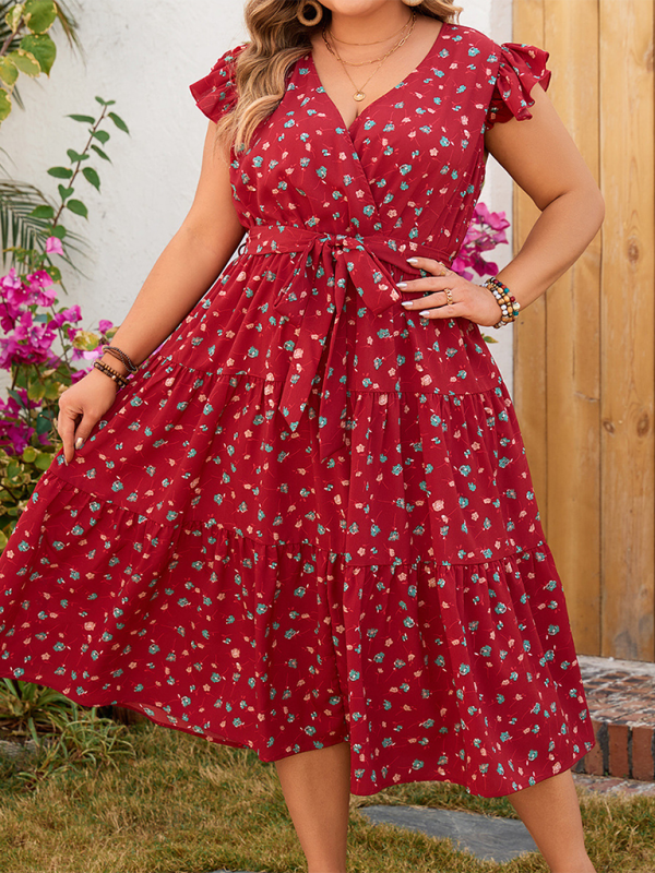 Curvy Dresses- A-Line Belted Curvy Midi Dress for Summer Festivals- Red- Pekosa Women Fashion