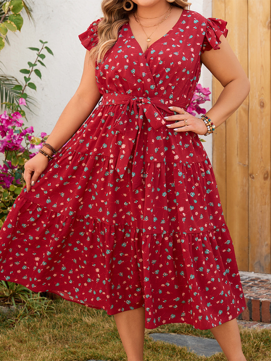 Curvy Dresses- A-Line Belted Curvy Midi Dress for Summer Festivals- Red- Pekosa Women Fashion