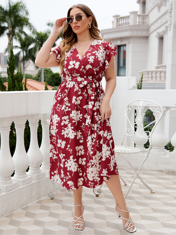 Curvy Dresses- Curvy Cinched Floral Midi Dress with Cinched Waist- - Pekosa Women Fashion