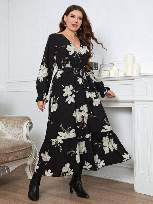 Curvy Dresses- Fall Florals A-Line Belted Maxi Dress with Curvy Fit- Black- Pekosa Women Fashion