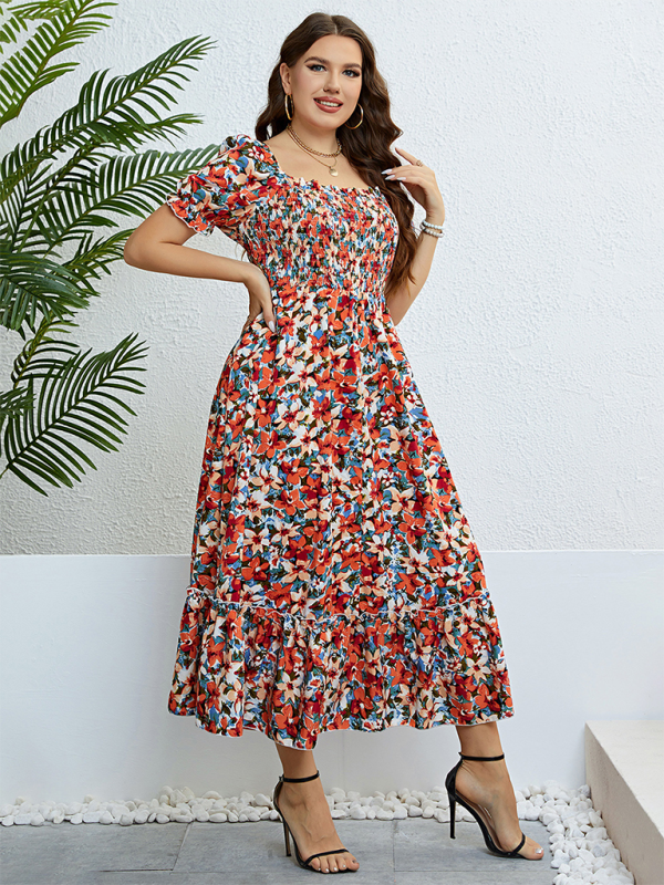 Curvy Dresses- Floral Plus Size A-Line Dress with Smocked Bodice- - Pekosa Women Fashion