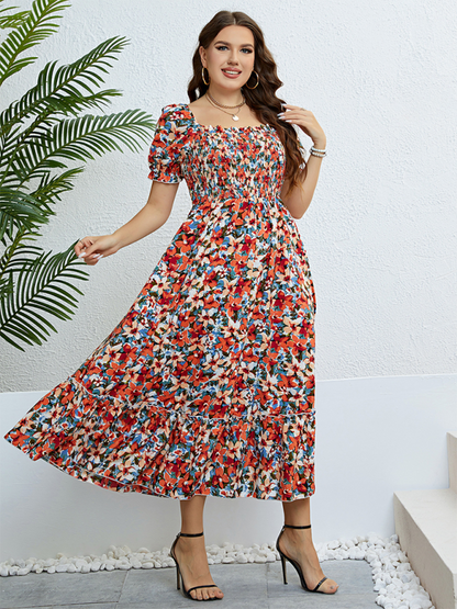 Curvy Dresses- Floral Plus Size A-Line Dress with Smocked Bodice- - Pekosa Women Fashion