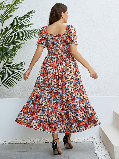 Curvy Dresses- Floral Plus Size A-Line Dress with Smocked Bodice- - Pekosa Women Fashion