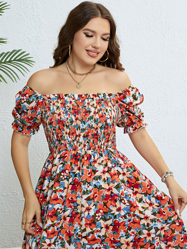 Curvy Dresses- Floral Plus Size A-Line Dress with Smocked Bodice- - Pekosa Women Fashion