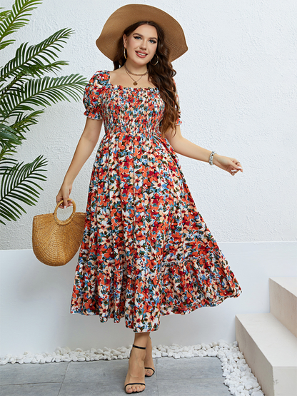 Curvy Dresses- Floral Plus Size A-Line Dress with Smocked Bodice- Orange Red- Pekosa Women Fashion