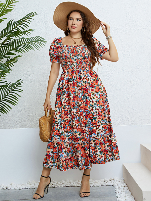 Curvy Dresses- Floral Plus Size A-Line Dress with Smocked Bodice- - Pekosa Women Fashion