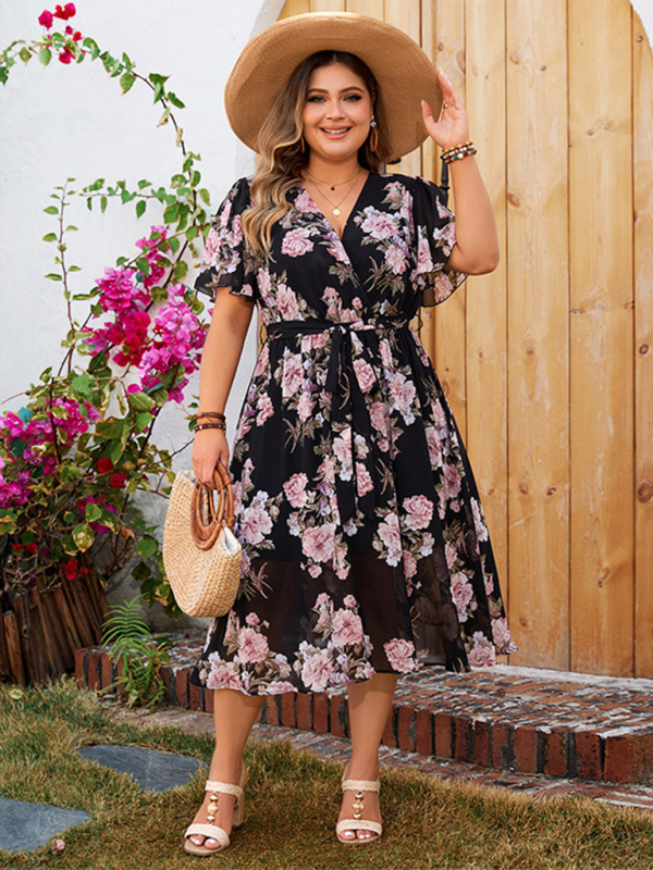 Curvy Dresses- Floral Plus Size Midi Dress with Cinched Waist- Black- Pekosa Women Fashion