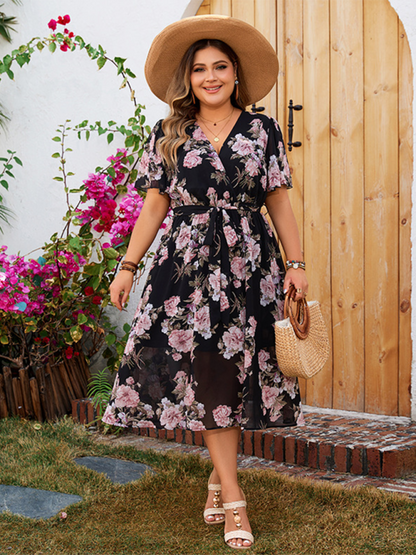 Curvy Dresses- Floral Plus Size Midi Dress with Cinched Waist- - Pekosa Women Fashion