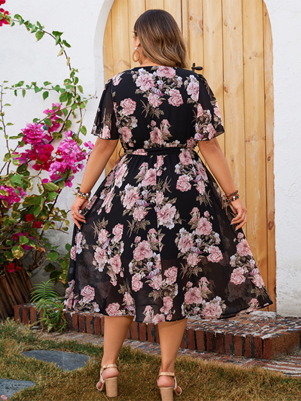 Curvy Dresses- Floral Plus Size Midi Dress with Cinched Waist- - Pekosa Women Fashion