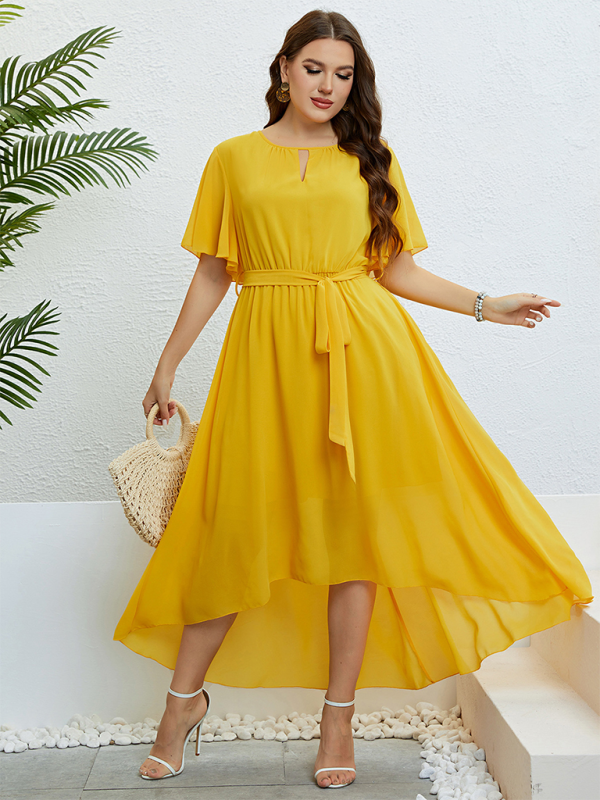 Curvy Dresses- Golden Hour Glow Asymmetrical Midi Dress for Special Occasions- - Pekosa Women Fashion