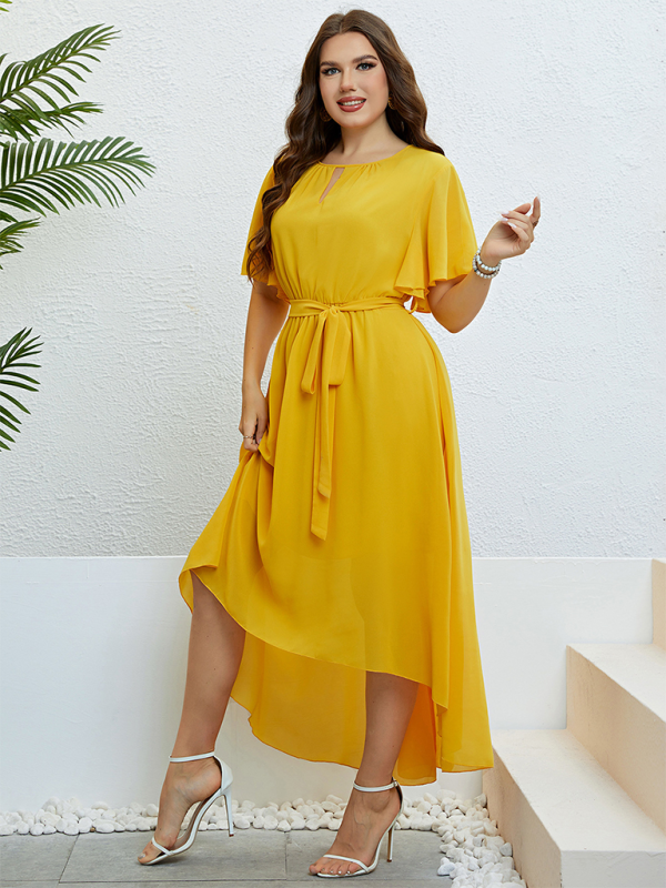 Curvy Dresses- Golden Hour Glow Asymmetrical Midi Dress for Special Occasions- - Pekosa Women Fashion