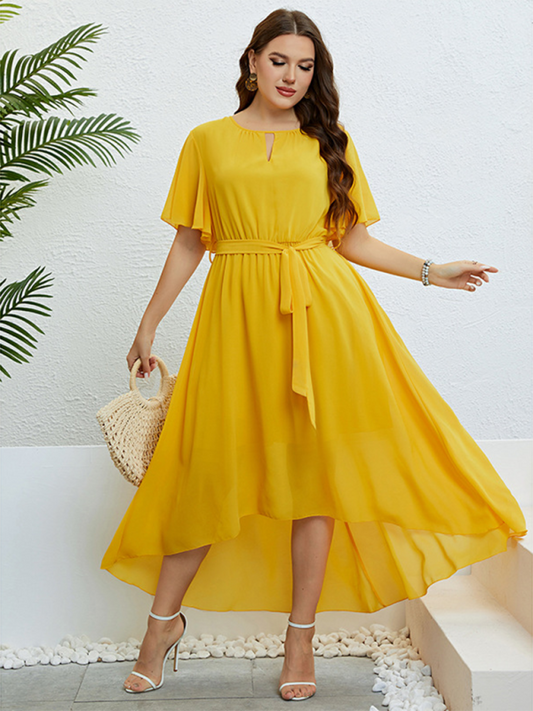 Curvy Dresses- Golden Hour Glow Asymmetrical Midi Dress for Special Occasions- Yellow- Pekosa Women Fashion