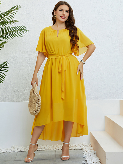 Curvy Dresses- Golden Hour Glow Asymmetrical Midi Dress for Special Occasions- - Pekosa Women Fashion